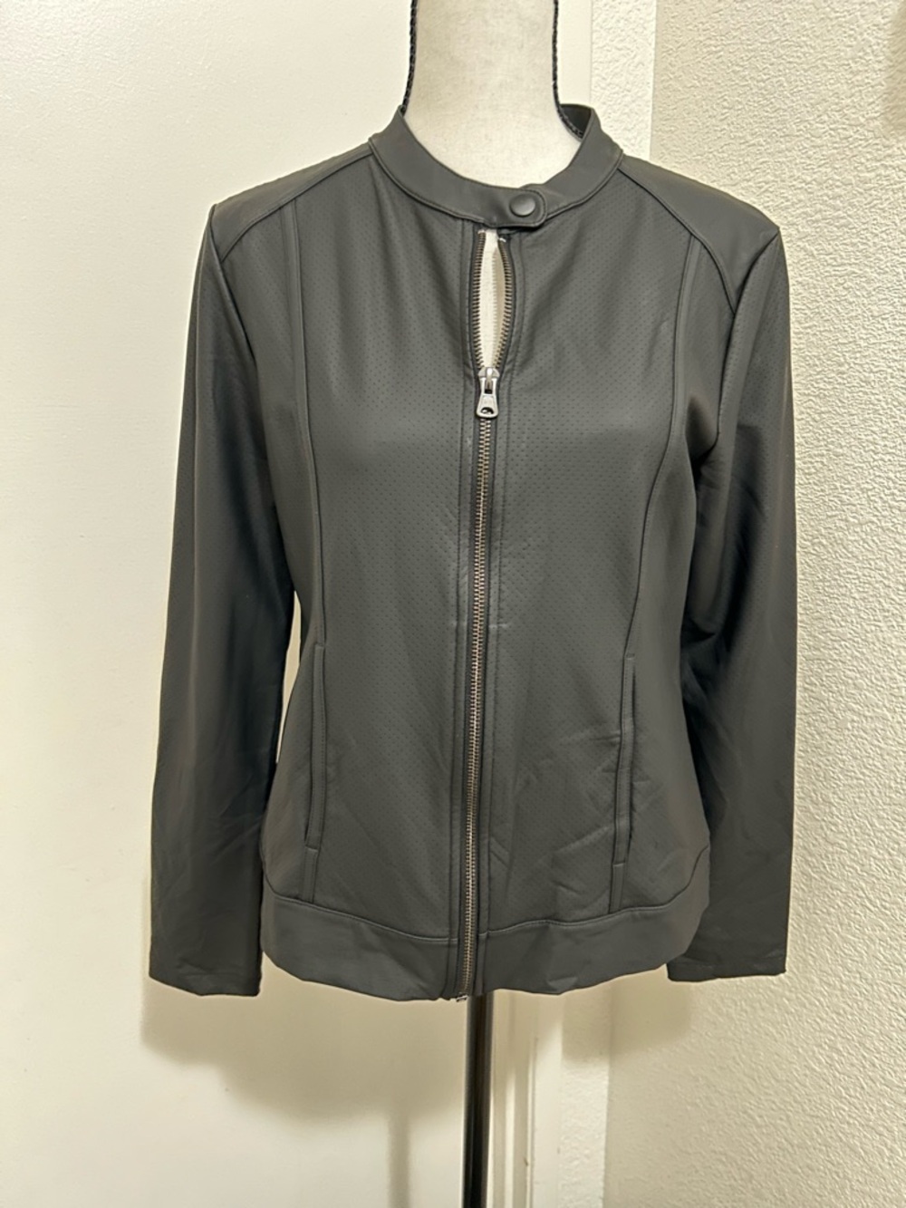 Perforated Faux Leather Moto Jacket Black Full Zip Mock Neck Minimalist Biker S - Picture 4 of 7